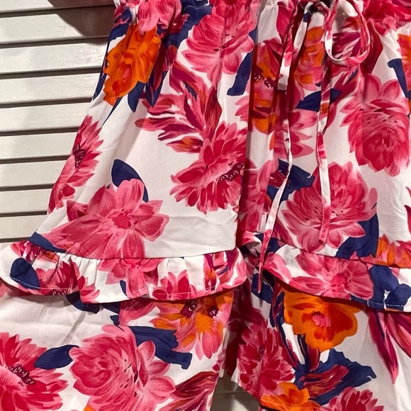 UMGEE PINK & ORANGE FLORAL ROMPER RUFFLE SHORT SLEEVE V-NECK DRAWSTRING WAIST - Picture 12 of 15
